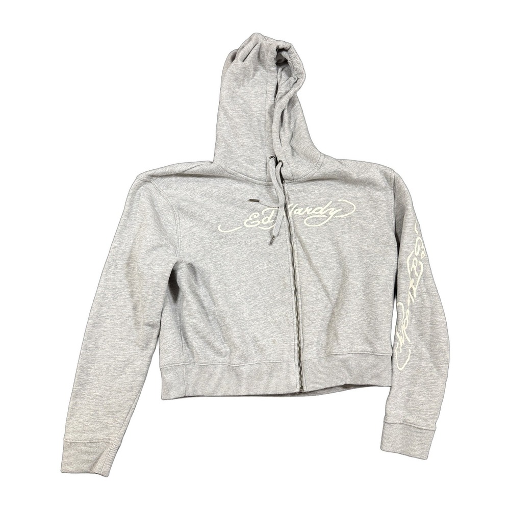 Ed Hardy Virgin Mary Full Zip Cropped Hoodie Heather Gray XL Y2K Tattoo Art